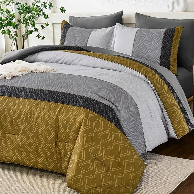 Top-Quality Dinjoy Gray Yellow King Size Comforter Set Striped Boho Bed in a Bag King 7 Pieces Soft Fall Bedding Comforters Sets wiht Sheets Microfiber Complete Bed Sets for All Season Genuine
