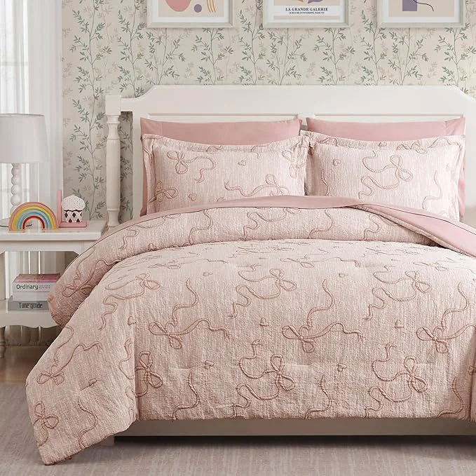 Smooth Geniospin Pink Twin Comforter Set for Girls- 5 Pieces Bowknot Jacquard Bed in A Bag Twin Bedding Sets with Sheets Pillowcases amp Shams All Season Kids Comforter Set Efficient