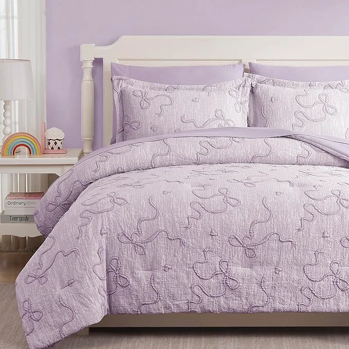 Lightweight Geniospin Light Purple Twin Comforter Set for Girls- 5 Pieces Bowknot Jacquard Bed in A Bag Twin Bedding Sets with Sheets Pillowcases amp Shams All Season Kids Comforter Set High-Performance