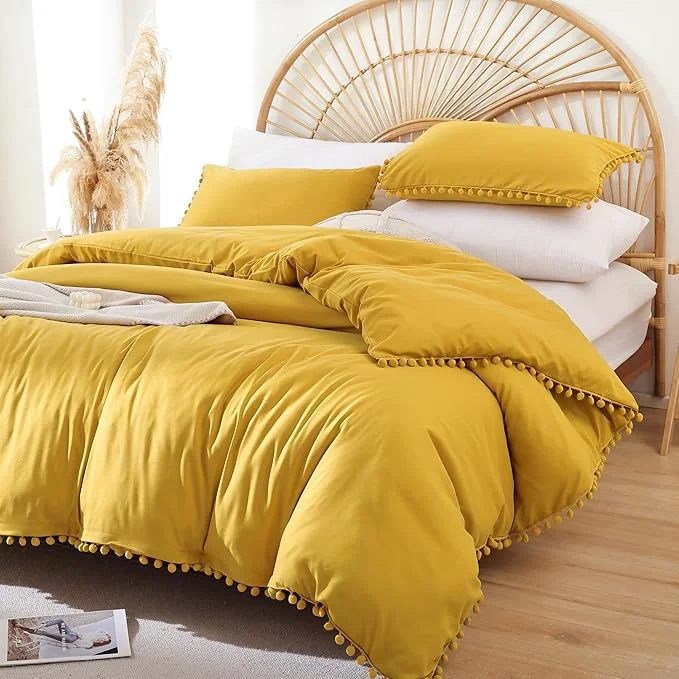 Contemporary YIRDDEO Twin Comforter Set - Comforter Twin Size Bed with Ball Pom Fringe Soft Bedding Set for All Seasons - 2 Pieces 1 Comforter 66 quot x90 quot amp 1 Pillow Sham 20 quot x26 quot Mustard Yellow High-Quality