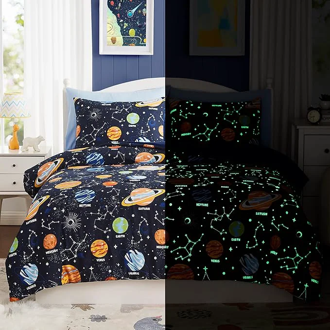 Enhanced Full Kids Comforter Set - 7 Pieces Full Bedding Sets for Boys Teen Glow in The Dark Space Bed in A Bag with Sheets Original Design