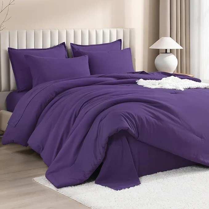 Easy-to-Use Litanika Comforter Queen Size Set Purple - 7 Pieces Bed in a Bag Queen Bedding Comforter Sets Plain Lightweight Bed Set with Comforter Sheets Pillowcases amp Shams Reusable