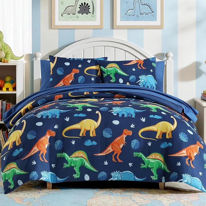 High-Performance Full Comforter Set for Boys Kids - 7 Pieces Navy Dinasour Full Size Bedding Sets for Kids Soft Cozy Bed in A Bag with Sheets Casual