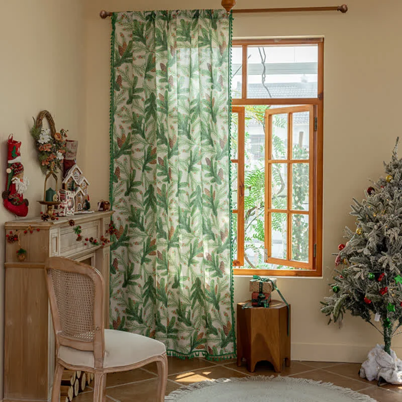 Secure Ownkoti Pinecone Leaf Print Tassel Curtain Flexible