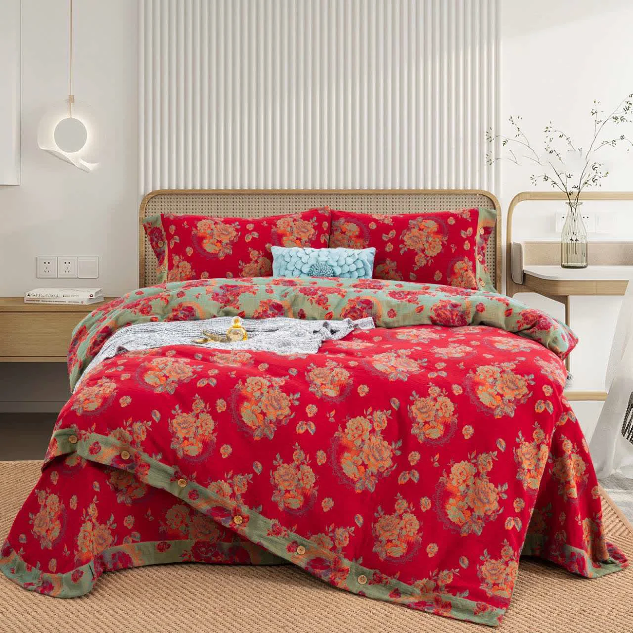 Authentic Ownkoti Luxurious Flower Pure Cotton Gauze Bedding 4PCS Fashionable