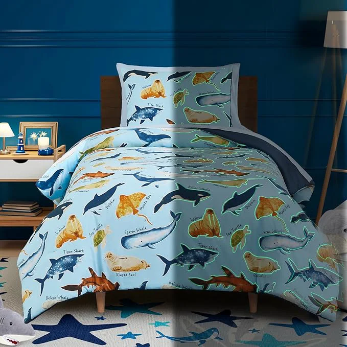 Comfortable Twin Comforter Set for Boys Kids - 5 Pieces Glow in The Dark Ocean Animals Twin Bedding Sets for Kids Ultra Soft Bed in A Bag with Sheets Innovative