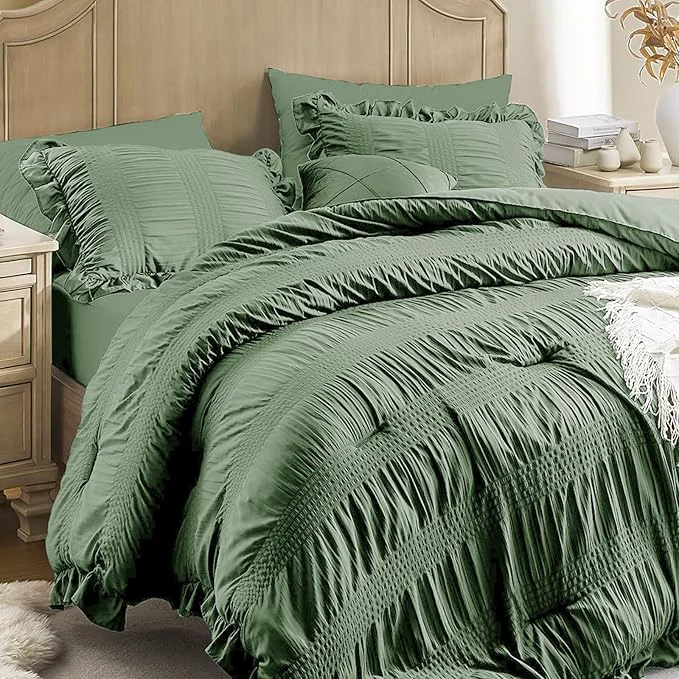 Next-Generation Queen Comforter Set Seersucker 7 Pieces Luxury Ruffle Bed in a Bag Queen Size for All Season Green Bedding Set with Comforter Pillowcases Flat Sheet Fitted Sheet and Pillow Shams Versatile