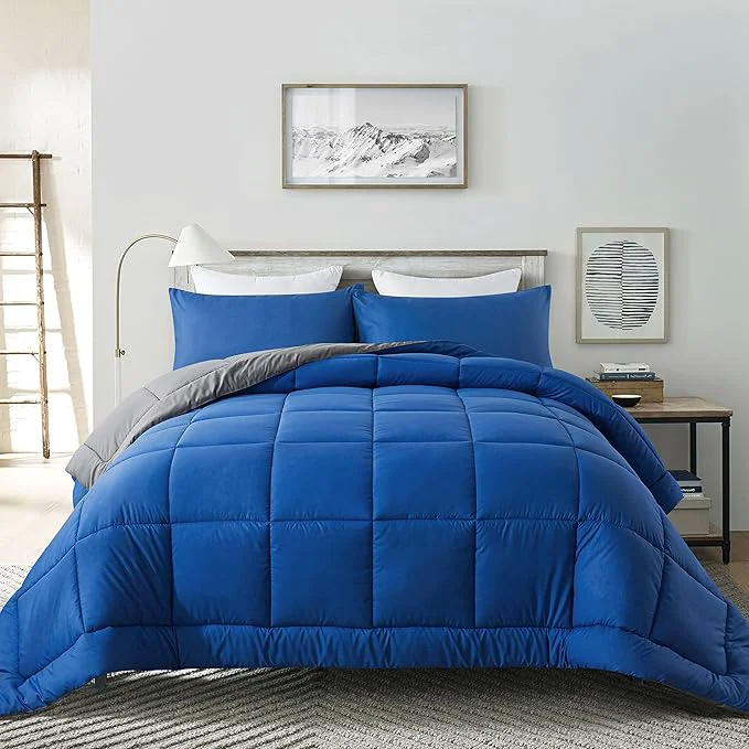 Contemporary DOWNCOOL Queen Comforter Set -All Season Bedding Comforters Sets with 2 Pillow Cases-3 Pieces Bedding Sets Queen -Down Blue Grey Queen Size Comforter Sets 88 quot x92 quot Reusable