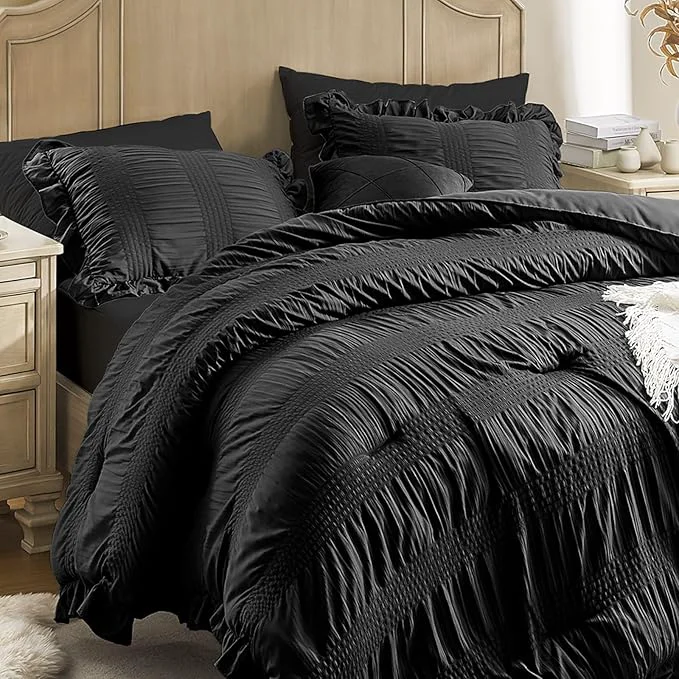 Sustainable QUIETSEA Twin Comforter Set Seersucker 5 Pieces Luxury Ruffle Bed in a Bag Twin Size for All Season Black Bedding Set with Comforter Pillowcase Flat Sheet Fitted Sheet and Pillow Sham High-Grade
