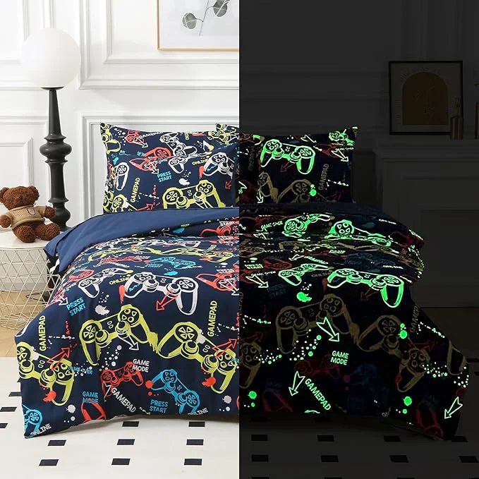 Official Glow in The Dark Kids Comforter Set 5 Pieces Gamepad Bedding Set Twin Size for Boys Girls Teen 1 Comforter 1 Pillowcase 2 Pillow Shams Elegant