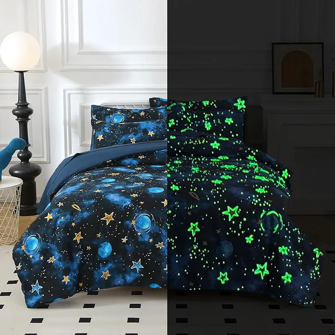 Exclusive Glow in The Dark Kids Comforter Set 7 Pieces Blue Space Bedding Set Full Size for Boys Girls Teen 1 Comforter 2 Pillowcases 2 Pillow Shams 1 Flat Sheet 1 Fitted Sheet Trusted