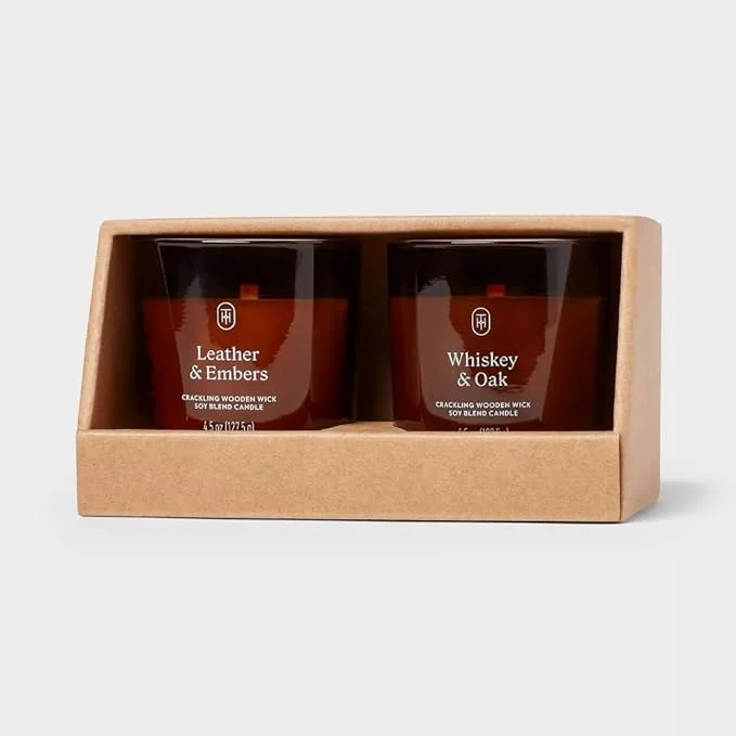 Flexible Threshold Leather Embers and Whiskey Oak Scented Amber Glass Jar Candles Durable