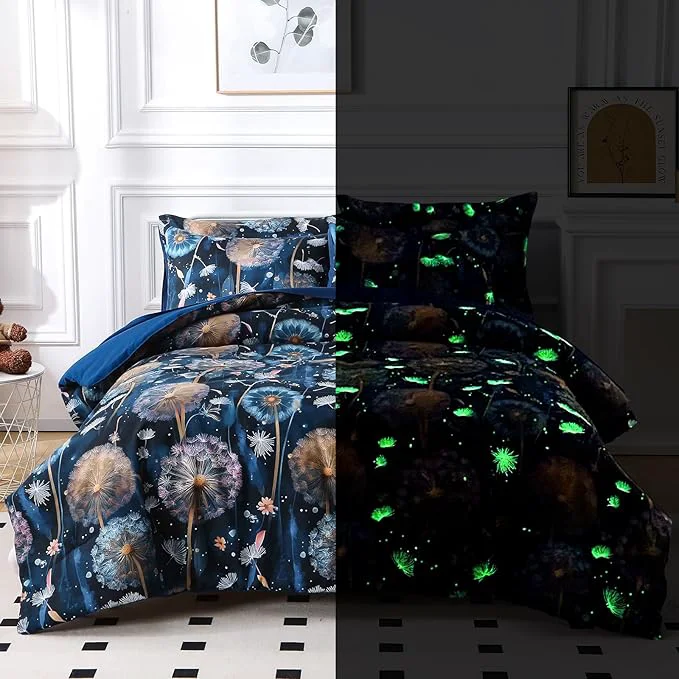 Contemporary Glow in The Dark Kids Comforter Set 7 Pieces Blue Dandelion Bedding Set Full Size for Boys Girls Teen 1 Comforter 2 Pillowcases 2 Pillow Shams 1 Flat Sheet 1 Fitted Sheet Eco-Friendly