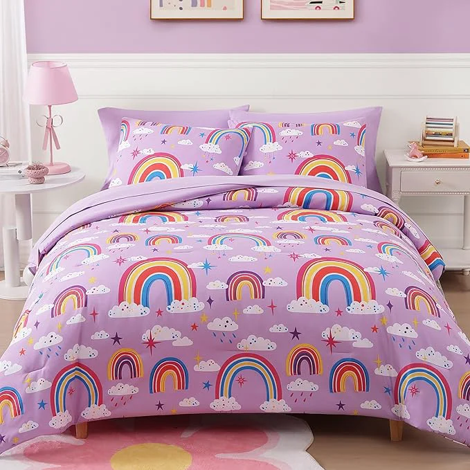 High-Grade Full Kids Comforter Set - 7 Pieces Full Bedding Sets for Girls Teen Glow in The Dark Purple Rainbow Bed in A Bag with Sheets User-Friendly