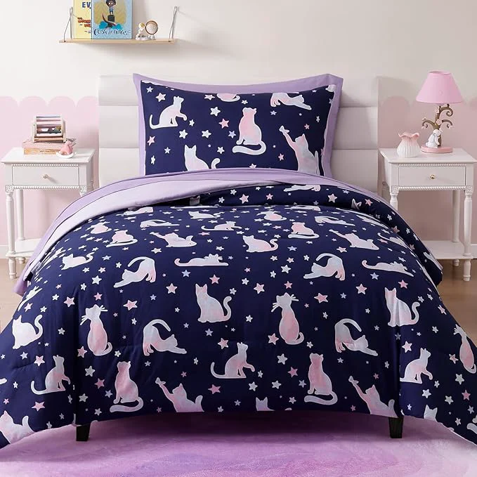 Advanced Twin Comforter Set for Girls Kids - 5 Pieces Cute Cat Patterns Twin Bedding Sets for Girls Boys Teen Soft Cozy Bed in A Bag with Sheets Durable
