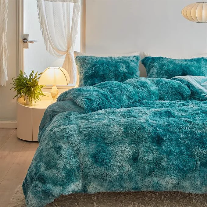 Detailed Wajade Faux Fur Plush Tie Dye Teal Comforter Set Fluffy Fuzzy Shaggy Bedding Set - 3PC Full Size Microfiber Soft Warm Quilt Set Stylish