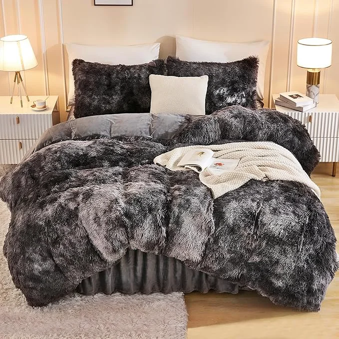 Excellent Andency Faux Fur Tie-Dyed Dark Grey Comforter King Size 3 Pieces Fluffy Fuzzy Plush Bedding Comforter Set 1 Shaggy Velvet Comforter amp 2 Pillowcases Soft Puffy Comfy Down Comforter Bedding Set Efficient