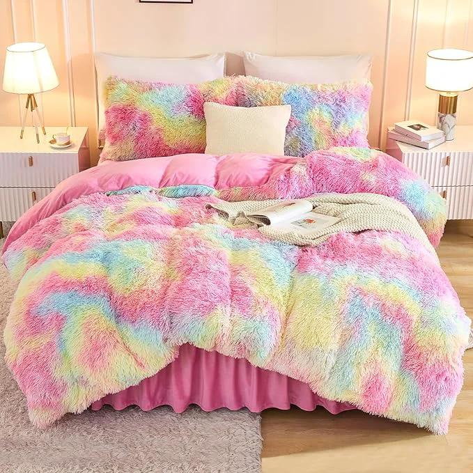 Elite Andency Faux Fur Tie-Dyed Rainbow Comforter Set Full Size 3 Pieces Fluffy Fuzzy Plush Bedding Comforter Set 1 Shaggy Velvet Comforter amp 2 Pillowcases Soft Puffy Down Comforter Bedding Set Eco-Friendly