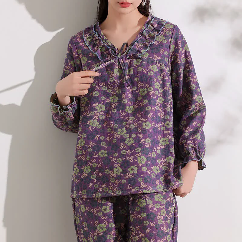 Fashionable Ownkoti Peach Blossom Jacquard Ruffled Cotton Loungewear Eco-Friendly