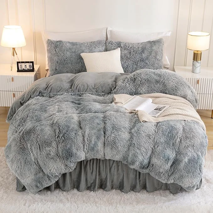 Clean Andency Tie-Dyed Grey White Comforter King Size 3 Pieces Faux Fur Fluffy Fuzzy Plush Bedding Comforter Set Soft Puffy Comfy Down Comforter Bed Set High-End