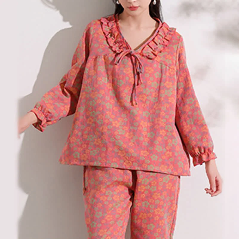 Safe Ownkoti Pink Floral Jacquard Ruffled Cotton Loungewear Recyclable