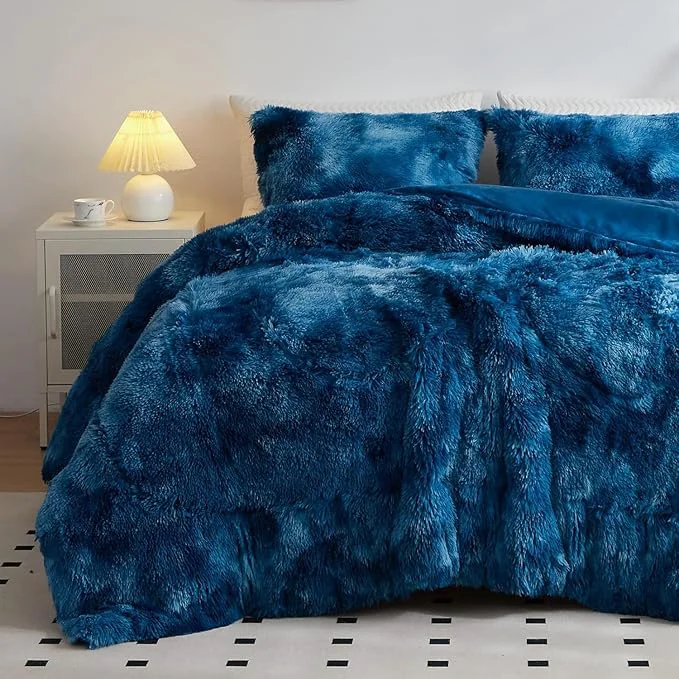 Advanced Wajade Faux Fur Plush White Comforter Set Fluffy Fuzzy Shaggy Bedding Set - 3PC Full Queen Microfiber Soft Warm Quilt Set Tie Dye Blue White King Refined
