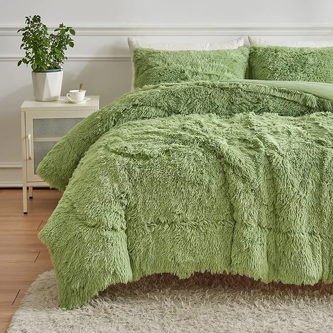 Consistent Wajade Faux Fur Plush White Comforter Set Fluffy Fuzzy Shaggy Bedding Set - 3PC Full Queen Microfiber Soft Warm Quilt Set Sage Green Queen Selected