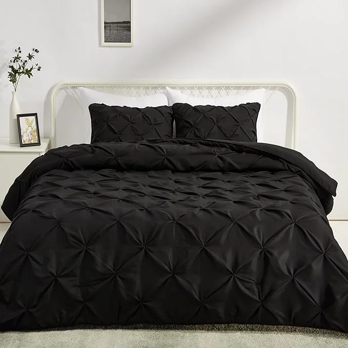 Amazon Basics 3-Piece All-Season Soft Down- Comforter Bedding Set Pinch Pleat Design with Piped Edges Full Queen Black Fast
