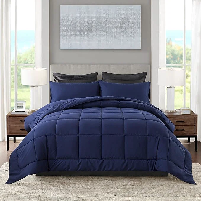 Detailed DOWNCOOL Blue Full Size Comforter Set - All Season Bedding with 2 Pillowcases - 3 Pieces - Down Comforter Set Expertly Made