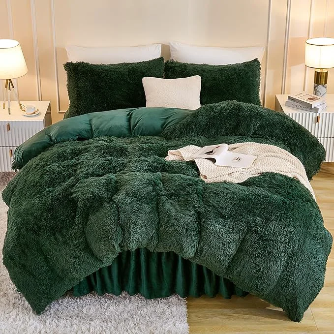 Long-Lasting Andency Fluffy Emerald Green Comforter Set Queen Size 3 Pieces Winter Faux Fur Warm Soft Fuzzy Plush Bedding Comforter Set 1 Velvet Comforter amp 2 Pillowcases Thick Heavy Puffy Comfy Bedding Set Secure