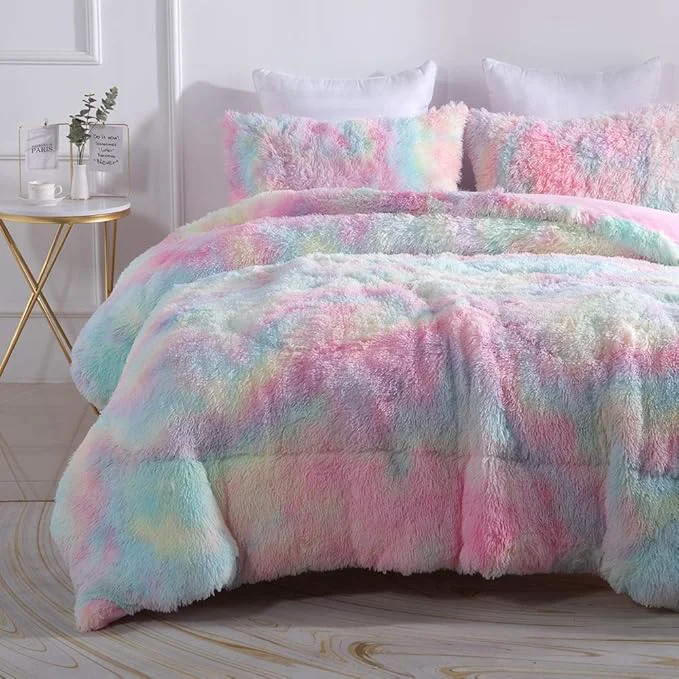 Certified Wajade Faux Fur Plush Rainbow Comforter Set Fluffy Fuzzy Shaggy Bedding Set - 3PC King Size Microfiber Soft Warm Quilt Set Original