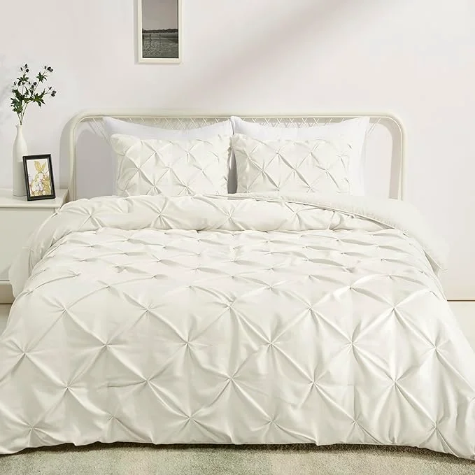 Superior Amazon Basics Warm Breathable Down- Comforter Set 3-Piece Bedding with Pinch Pleat Design and Piped Edges Soft Full Queen Size Cream Genuine