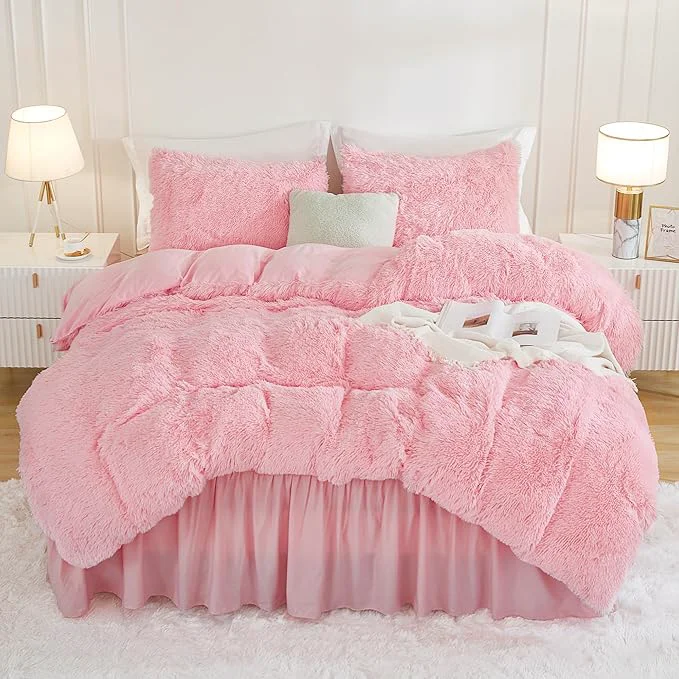 Proven Andency Faux Fur Pink Comforter Set Queen Size 3 Pieces Fluffy Fuzzy Plush Bedding Comforter Set 1 Shaggy Velvet Comforter amp 2 Pillowcases Soft Puffy Comfy Down Comforter Bedding Set Durable