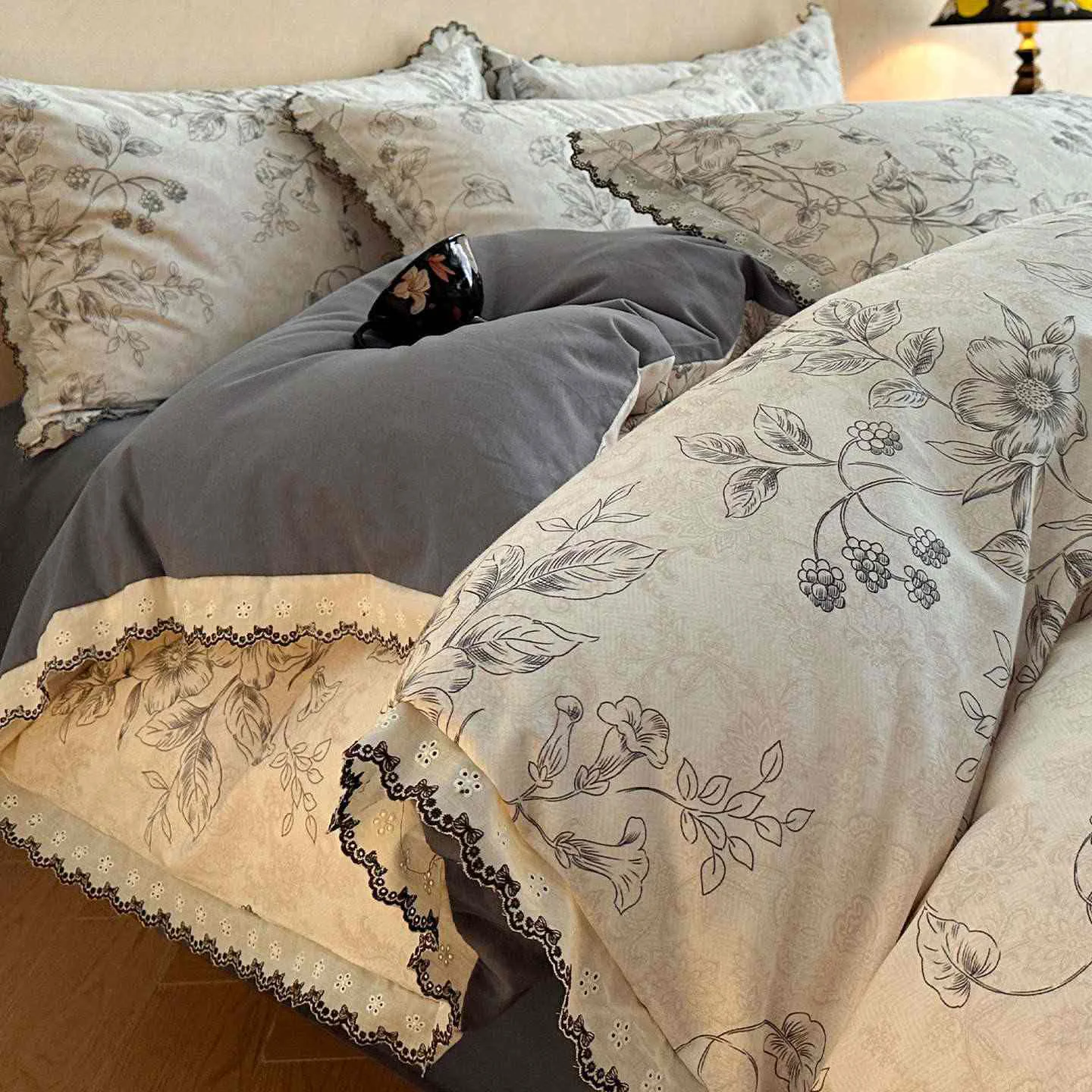 Genuine Ownkoti Brushed Cotton Floral Lace Bedding Set Certified