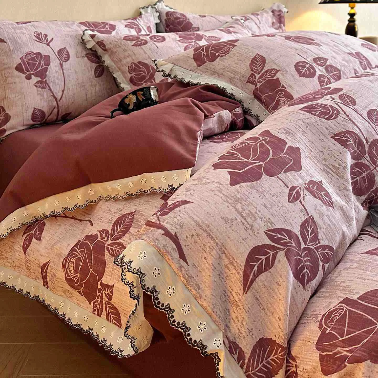 Premium Ownkoti Brushed Cotton Rose Lace Bedding Set Modern