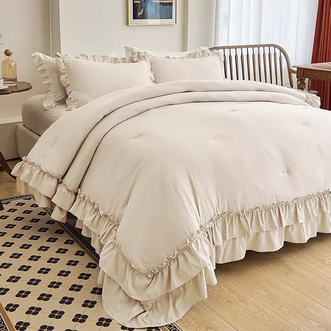 High-Grade AIKASY Camel Ruffle Comforter Set King 3 Pieces Vintage Ruffle Fringe Comforter Farmhouse Rustic Microfiber Down Bedding 1 Comforter 2 Pillow Shams Smooth