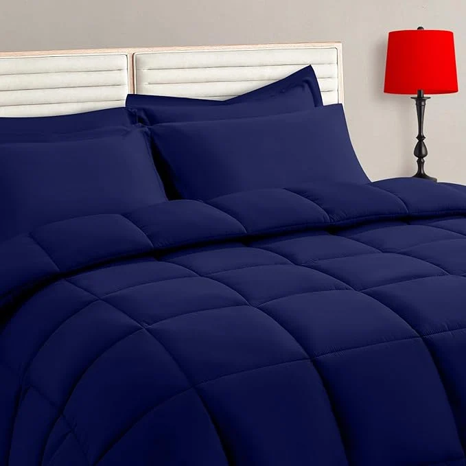 Crafted TAIMIT Navy Full Size Comforter Set - 7 Pieces Bed in a Bag Bedding Sets with All Season Soft Quilted Warm Fluffy Reversible Comforter Flat Sheet Fitted Sheet 2 Pillow Shams 2 Pillowcases Professional