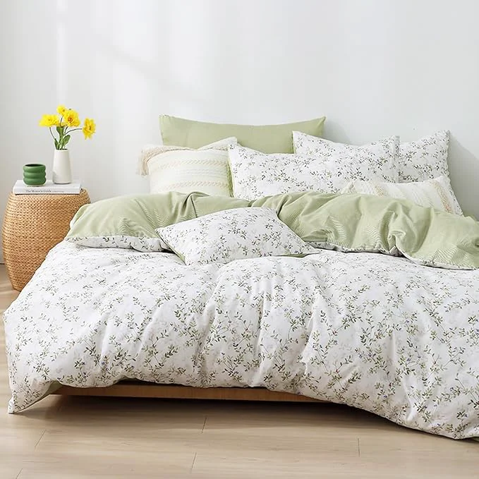 Advanced Botanical Cotton Comforter Queen Size - Tender Green Comforter Printed with Leafy Branches amp Purple Stamens on Off-White Reversible Lightweight Bedding Sets 3Pcs Proven