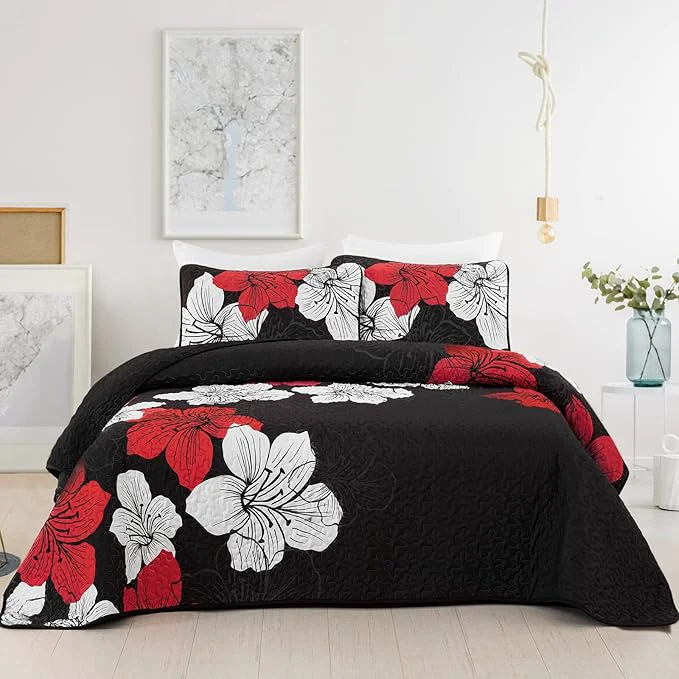 Responsible DJY 3 Pieces Quilt Set Queen Red Floral Pattern Quilt Coverlet Set Elegant Boho Bedspread with 2 Pillow Shams Lightweight Microfiber Bedding Quilt Set for All Season Black 90 quot x96 quot Eco-Friendly