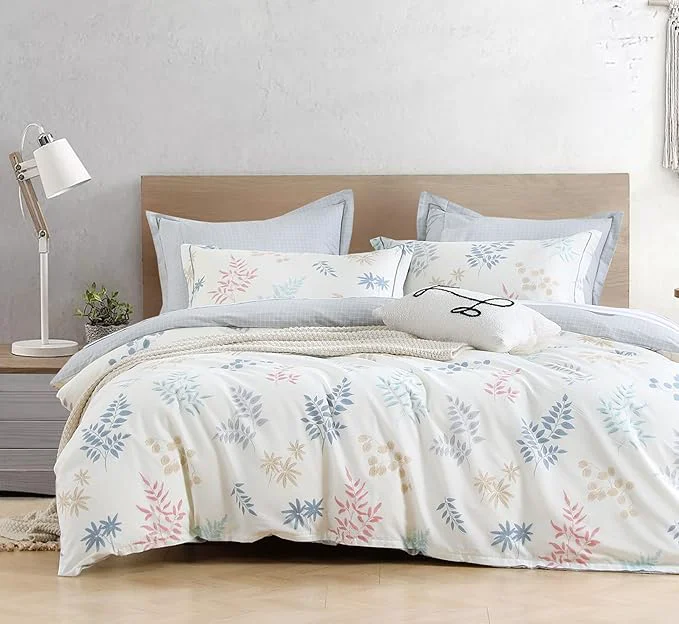 Casual White Cotton Comforter Queen Size 3Pcs - Blue Beige and Blush Botanicals Pattern on White Gray Grid Back Reversible Lightweight Bedding Sets with Soft Fill Queen 90 quot ×90 quot Next-Generation