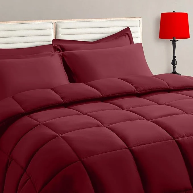 Minimalist TAIMIT Burgandy Twin Size Comforter Set - 5 Pieces Bed in a Bag Bedding Sets with All Season Soft Quilted Warm Fluffy Reversible Comforter Flat Sheet Fitted Sheet 1 Pillow Shams 1 Pillowcases Convenient