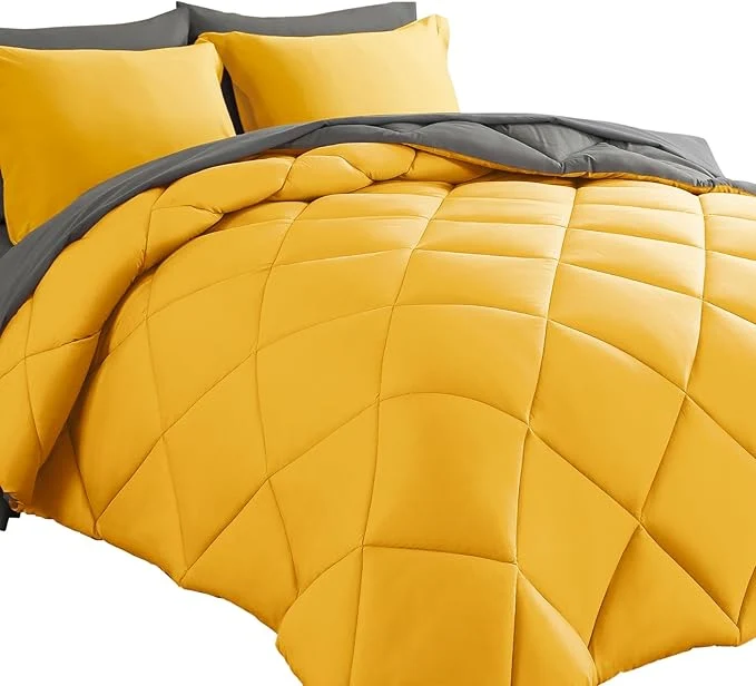 Crafted Cosybay Bed in a Bag Full Reversible Comforter Sets 7pcs All Season Down Bedding Sets Yellow and Grey with Comforter Pillow Shams Flat Sheet Fitted Sheet and Pillowcase Optimized