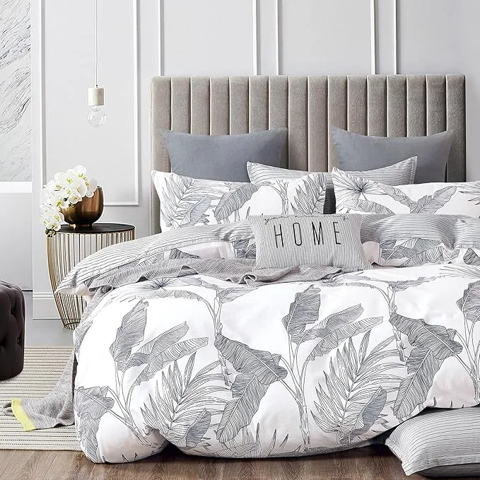 Stylish Botanical Cotton Comforter Queen Size - White Comforter with Delicate Black Leaves Patterns Grey Reversible Lightweight Bedding Sets 3Pcs Stripes Exceptional