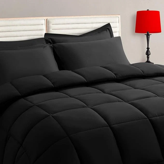 Verified TAIMIT Queen Size Comforter Set - 7 Pieces Bed in a Bag Bedding Sets with All Season Soft Quilted Warm Fluffy Reversible Comforter Flat Sheet Fitted Sheet 2 Pillow Shams 2 Pillowcases Black Expertly Made