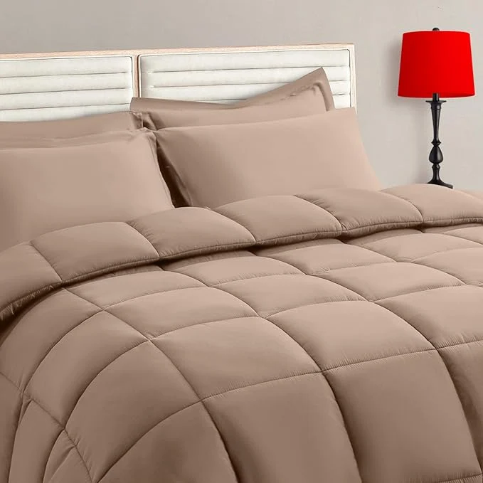 Detailed TAIMIT Beige Twin Size Comforter Set - 5 Pieces Bed in a Bag Bedding Sets with All Season Soft Quilted Warm Fluffy Reversible Comforter Flat Sheet Fitted Sheet 1 Pillow Shams 1 Pillowcases Exclusive