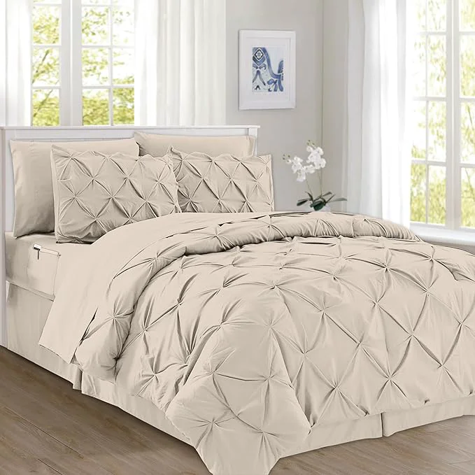 Convenient Elegant Comfort 8-Piece Pinch Pleated Comforter Set - All Season Complete Bed in a Bag Includes 4pc Smart Sheet Set Bed Skirt Comforter Matching Pillowcases and Shams King Cal King Cream Unique