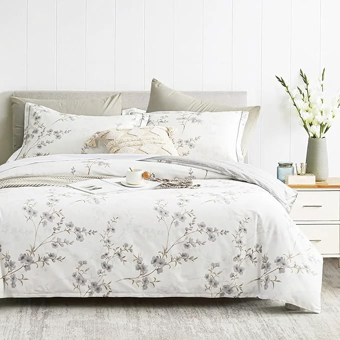 Eco-Friendly Vintage Botanical White Cotton Comforter Queen Size - Elegant Gray Flowers and Taupe Branches on White Light Gray Striped Back 3PC Lightweight Bedding Set with Ultra-Soft Fill Efficient