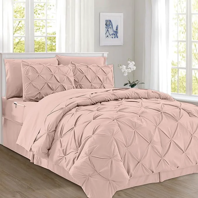Consistent Elegant Comfort 8-Piece Pinch Pleated Comforter Set - All Season Complete Bed in a Bag Includes 4pc Smart Sheet Set Bed Skirt Comforter Matching Pillowcases and Shams King Cal King Blush Pink Functional
