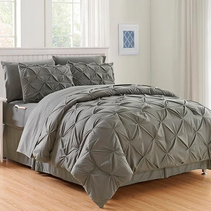 Expertly Made Elegant Comfort 8-Piece Pinch Pleated Comforter Set - All Season Complete Bed in a Bag Includes 4pc Smart Sheet Set Bed Skirt Comforter Matching Pillowcases and Shams Full Queen Gray Minimalist