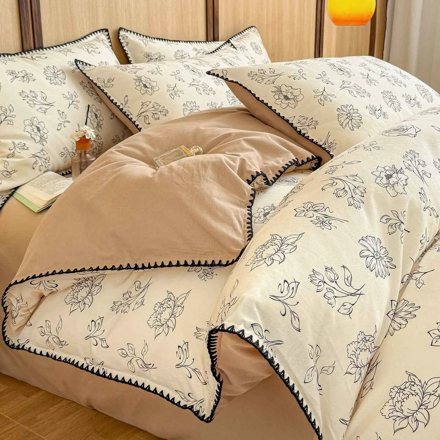 Flexible Ownkoti Line-Art Floral Brushed Cotton Bedding Set Comfortable